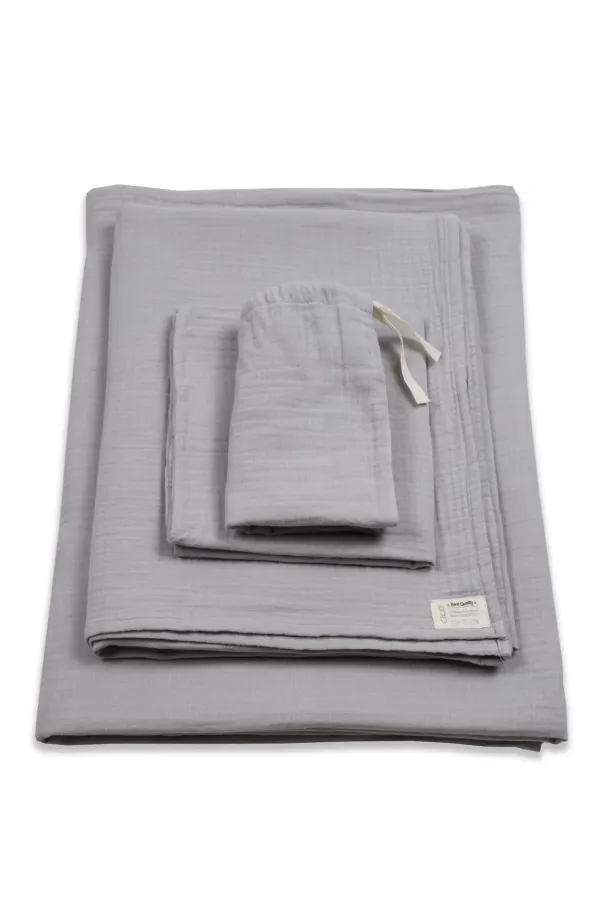 Parure de lit en mousseline avec pochette, housse de couette 100 x 135 cm +/- 3 cm, drap-housse 120 x 150 cm, taie d'oreiller 35 x 45 cm, gris