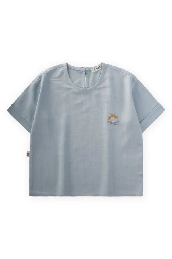 Sun Embroidered Linen Blouse 2-7 Years Old Blue