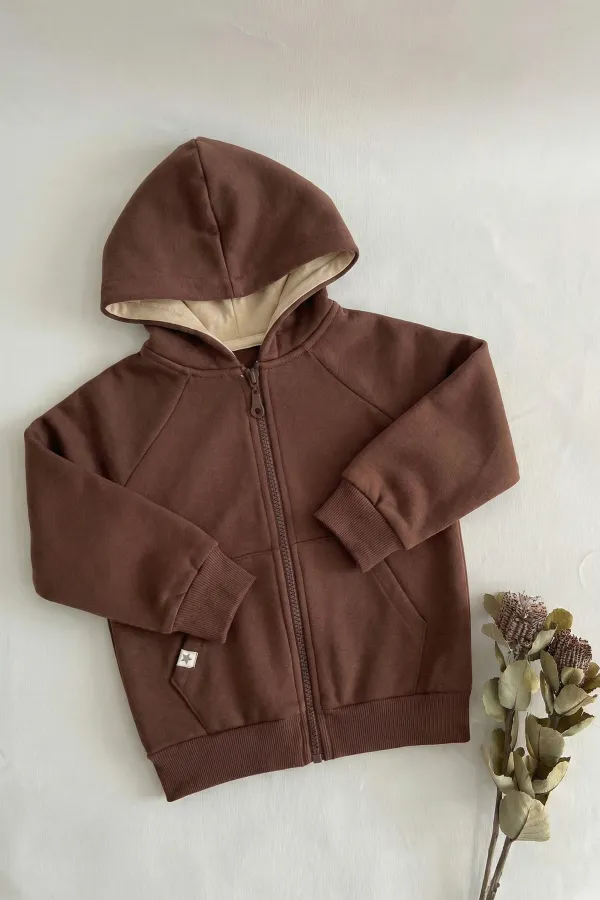 Gilet à capuche zippé marron, 1-14 ans