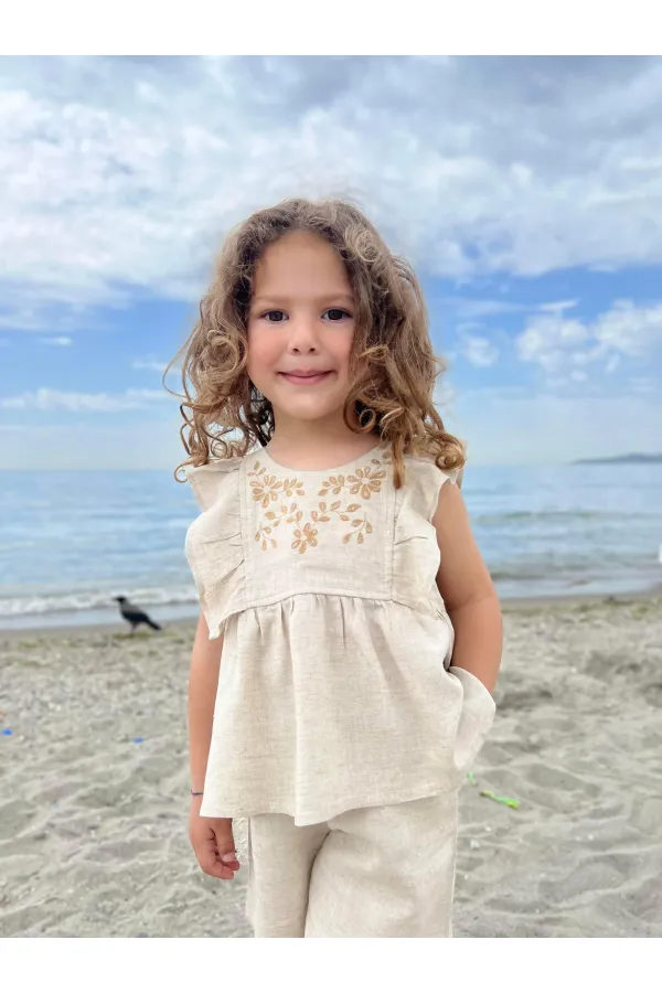 Linen Suit with Embroidered Shorts for 2-7 Years Old Natural