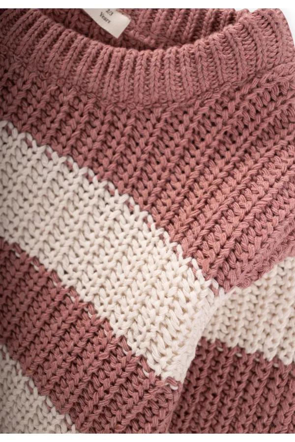 Selanik Çizgili Triko Kazak 2-8 Yaş Gül Kurusu