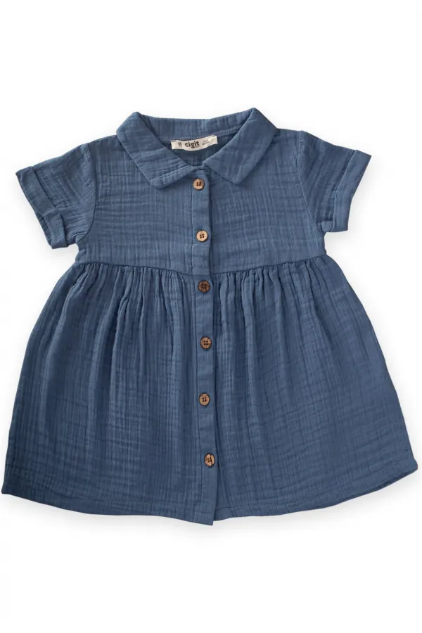 Bebe Yakalı Robası Büzgülü Müslin Elbise 1-7 Yaş İndigo Mavi