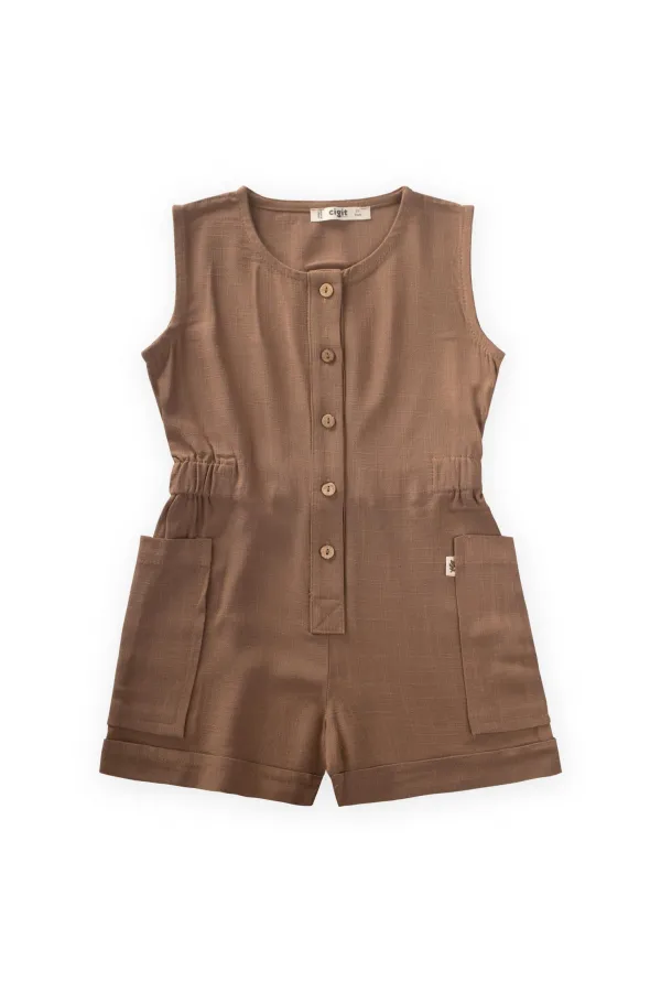 Short Linen Overalls with Side Pockets 2-7 Years Caramel