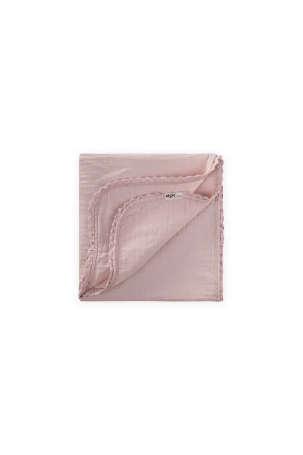 Double Layer Muslin Baby Blanket with Pom-Pom Trim, 100x100 cm +/- 3 cm, Powder Pink