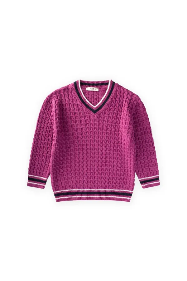 Saç Örgü V Yaka Kazak 2-9 Yaş Erguvan