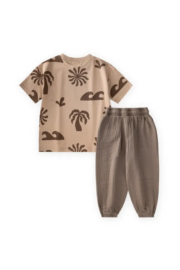 Organik Pantolonlu T-Shirt Takım 2-12 Yaş Bej