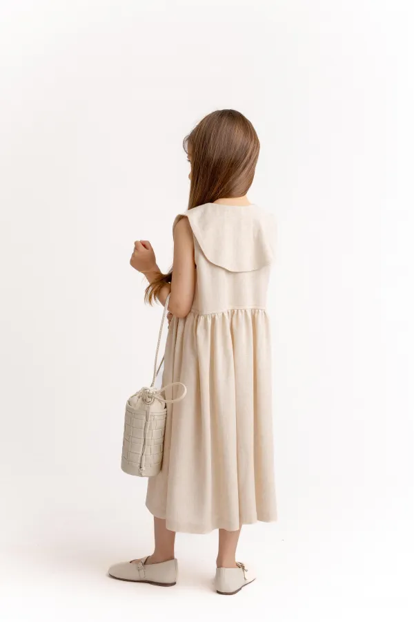 Embroidered Yoke Collar Linen Dress for 2-7 Years Old Natural
