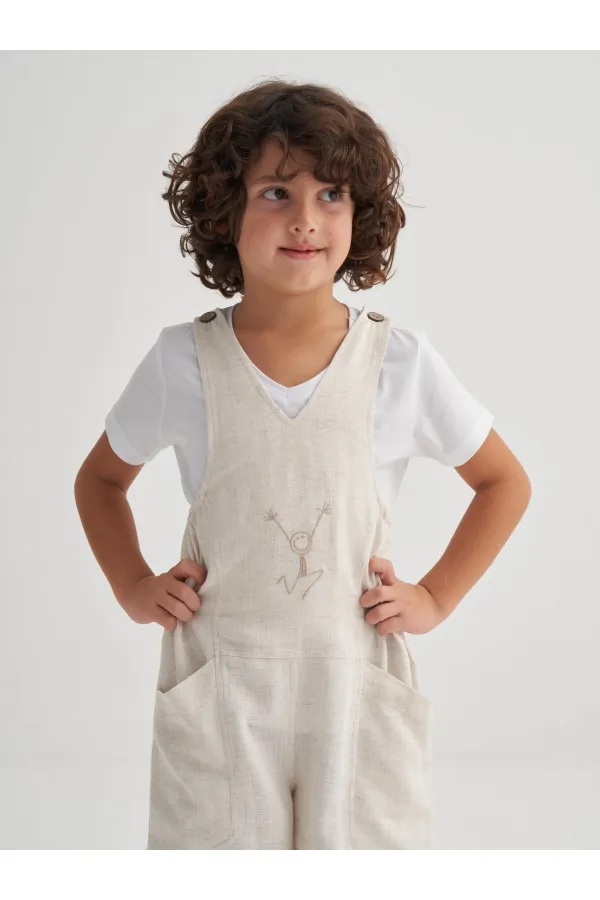 Linen V-Neck Children's Embroidered Romper, Ages 2-7, Natural