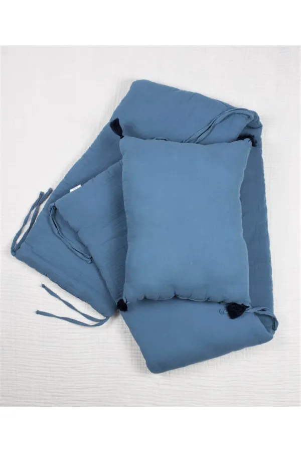 Ensemble de coussins de protection en mousseline pour lit bébé (lavés) 32 x 180 cm +/- 2 cm Bleu indigo