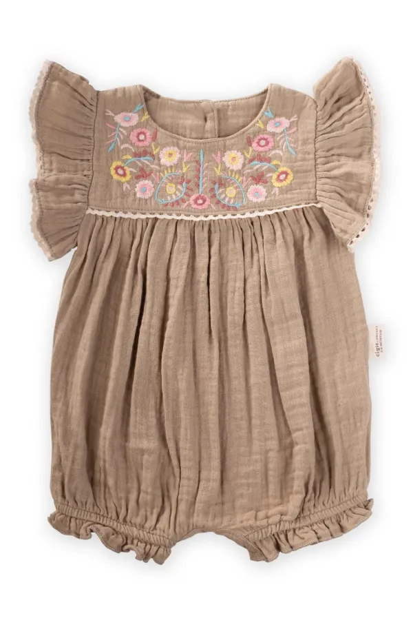 Çiçek Nakışlı Dantelli Müslin Tulum 0-3 Yaş Vizon