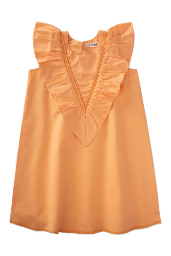 Etek Ucu Ve Arkası Dantelli Elbise 2-7 Yaş Kavuniçi