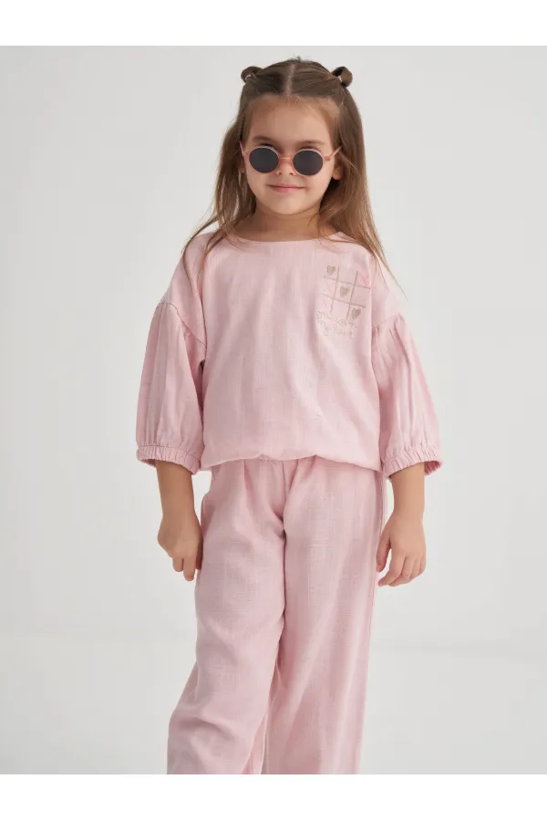 Wide-leg trousers embroidered linen set, ages 2-7, pink.