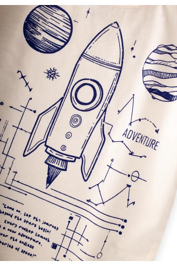 Roket Baskılı T-Shirt 2-12 Yaş Ekru