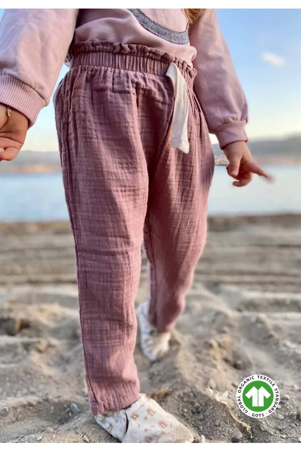 Organic Wide Cut Muslin Trousers with Ruffle Waist, 1-8 Years Copper Organic Wide Cut Muslin Trousers with Ruffle Waist, 1-8 Years Copper