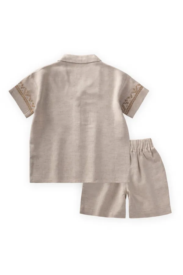Embroidered Sleeves Shirt Shorts Linen Suit 2-7 Years Natural
