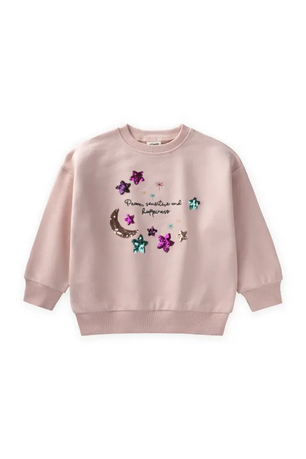 Sequined Crescent Moon and Star Embroidered Sweatshirt, Ages 2-8, Powder Pink