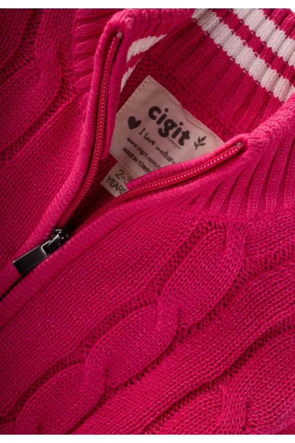 Saç Örgü Triko Hırka 2-11 Yaş Fuşya