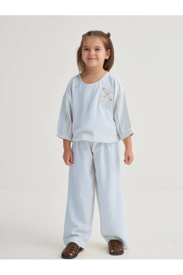 Wide-leg Trousers Embroidered Linen Set, Ages 2-7, Blue