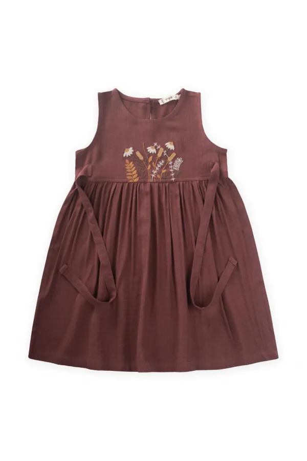 Robe en lin brodée à nouer sur le côté, couleur prune, pour enfants de 2 à 7 ans