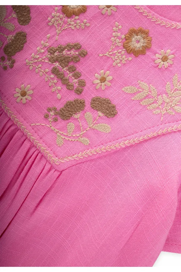 Robası Nakışlı Keten Elbise 2-7 Yaş Pembe