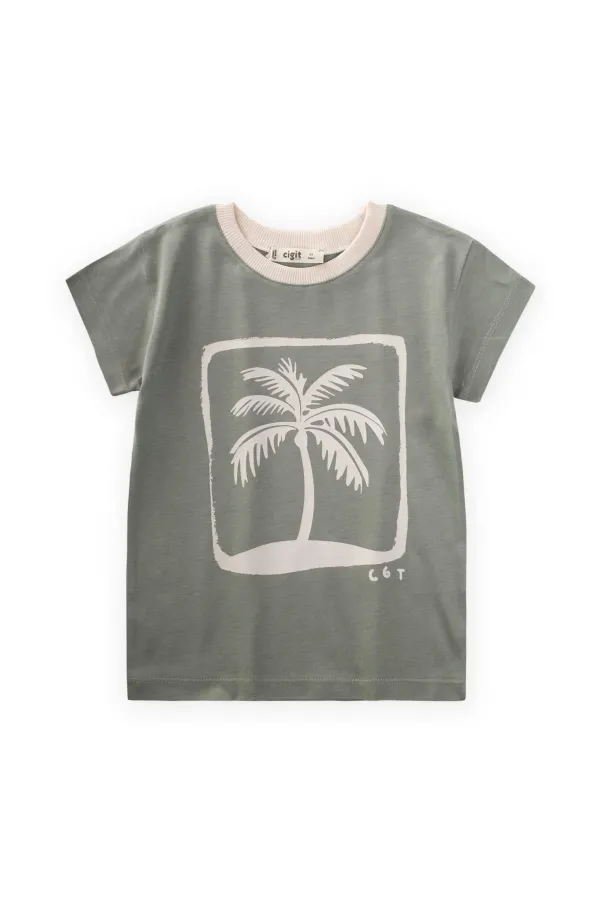 T-shirt imprimé palmiers vert pour enfants de 2 à 8 ans