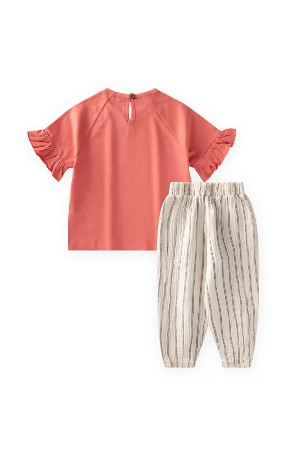 Ensemble pantalon rayé en mousseline à imprimé floral Slow Down, 2-10 ans, corail