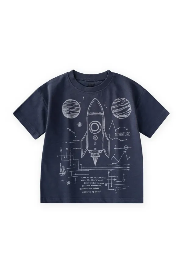 Roket Baskılı T-Shirt 2-12 Yaş Lacivert