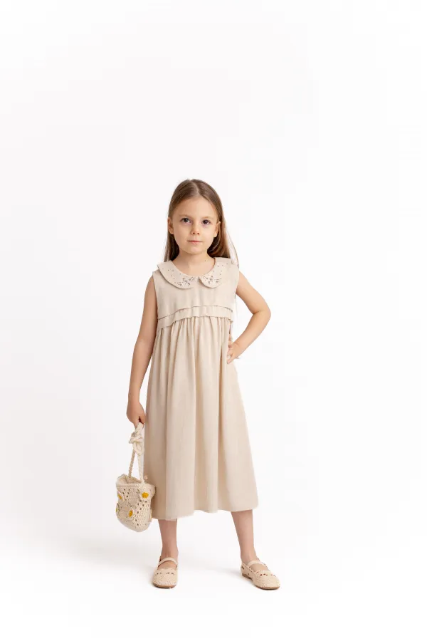 Baby Collar Embroidered Linen Dress for 2-7 Years Old, Natural