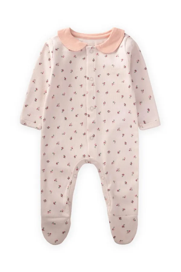 Crispy Floral Patterned Baby Collar Jumpsuit 0-9 Months Ecru