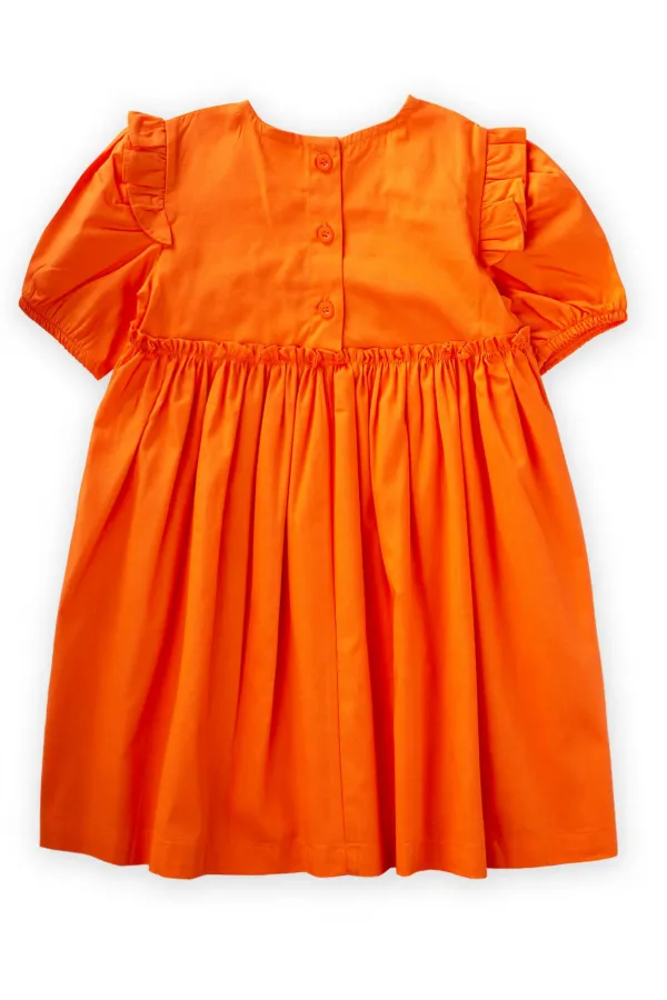 Robadan Fırfır Büzgülü Poplin Elbise 2-7 Yaş Turuncu
