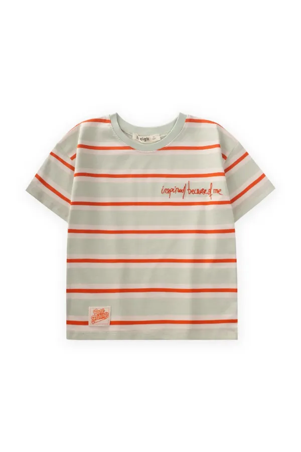 T-shirt à larges rayures brodées pour enfants de 2 à 10 ans, rayures orange menthe