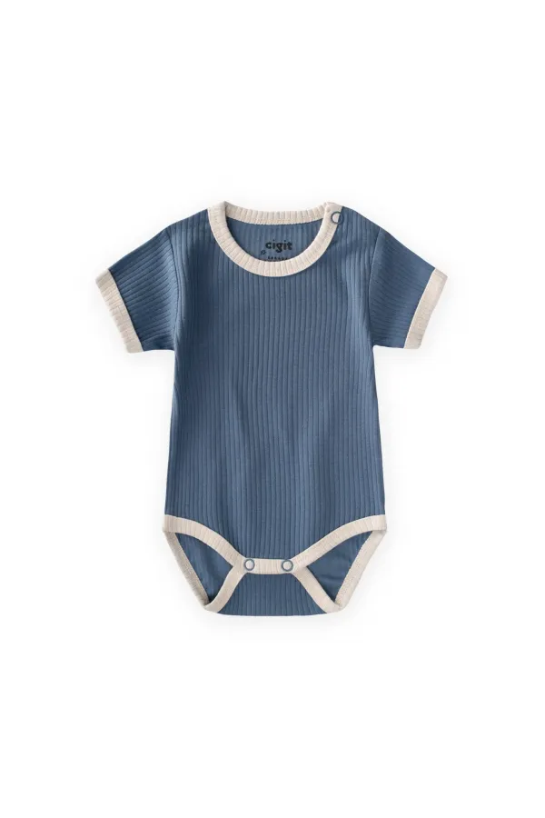 Shoulder-Cruffled Bodysuit with Piped Trim, 0-3 Years, Indigo Blue