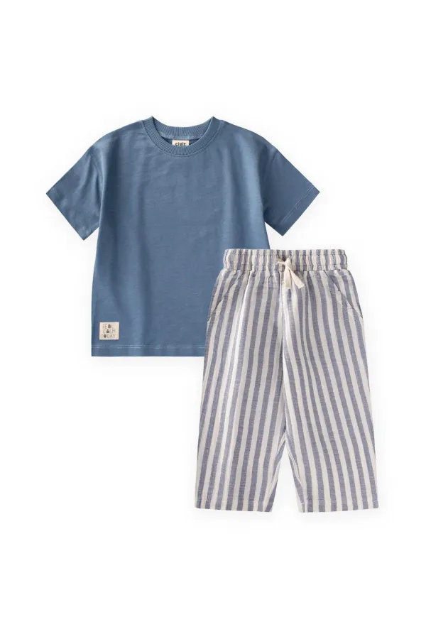 Muslin Trousers and T-Shirt Set, Ages 2-10, Indigo Blue