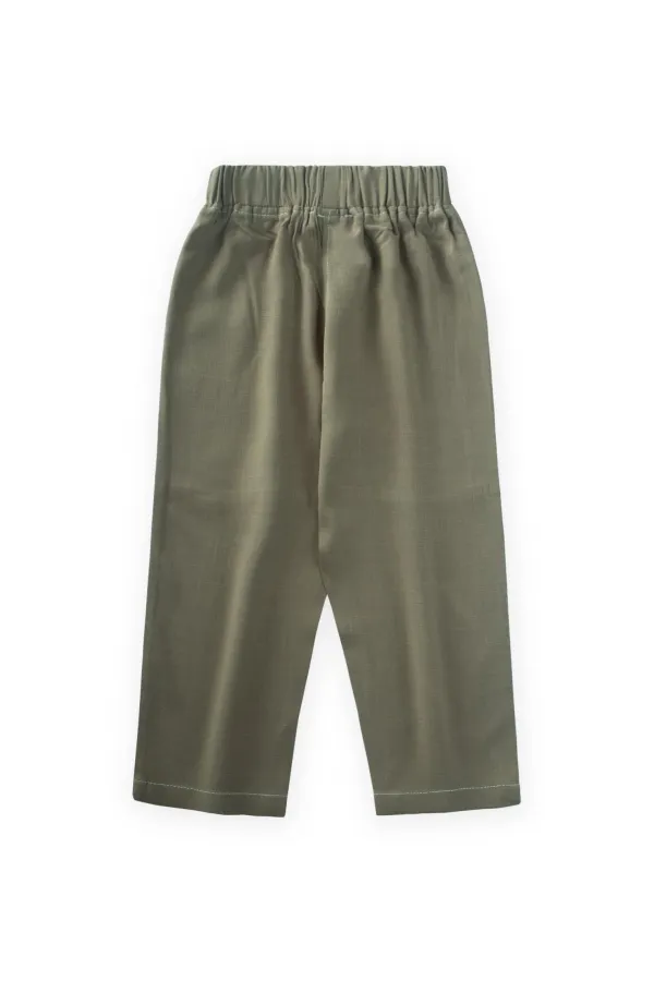 Pantalon en lin à surpiqûres contrastées pour enfants de 2 à 7 ans, vert kaki