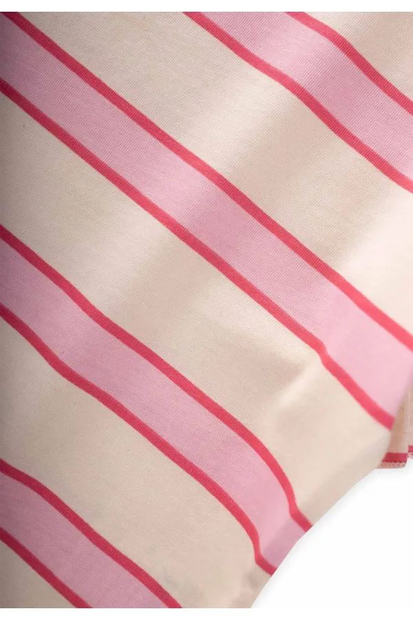 Çizgili Bağlamalı Kız T-Shırt 3-10 Yaş Pudra Geniş Çizgili