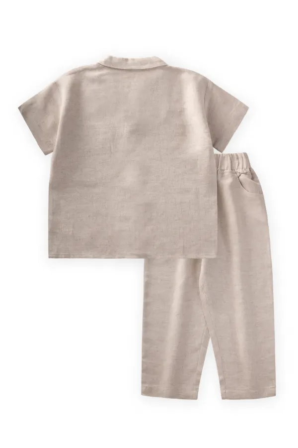 Ensemble chemise et pantalon en lin brodé, couleur naturelle, 2-7 ans