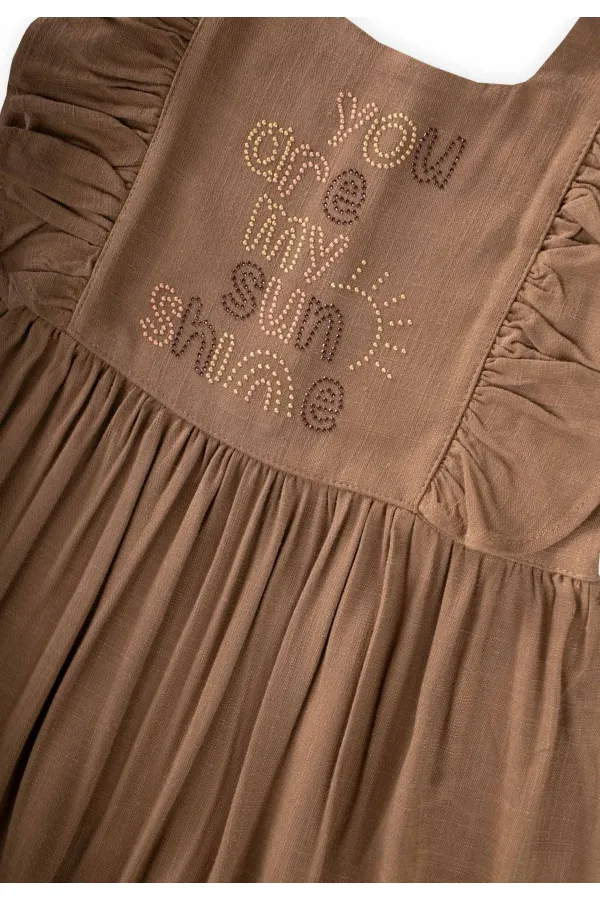 Square Neck Linen Dress with Rhinestone Embellishment, Ages 2-7, Caramel