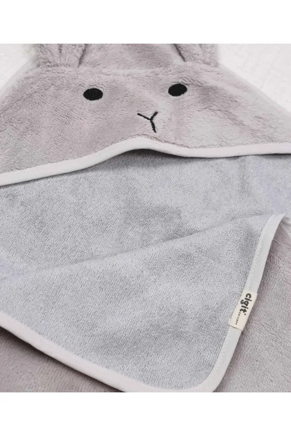 Kulaklı Tavşan Nakışlı Bebek Banyo Havlusu 75X75 cm Gri