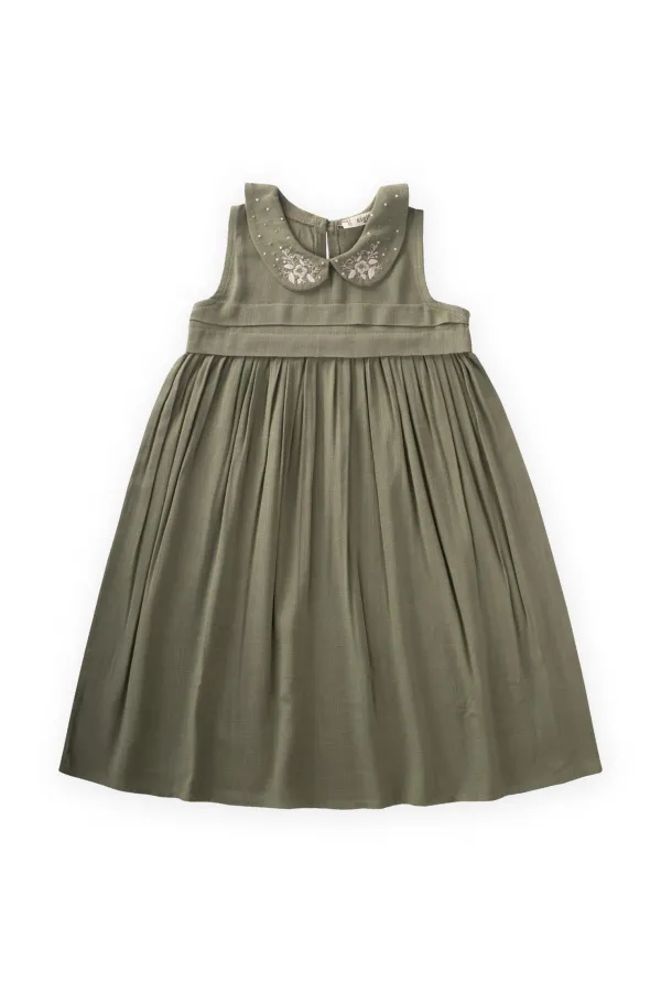 Robe en lin brodée à col bébé pour enfants de 2 à 7 ans, kaki vert