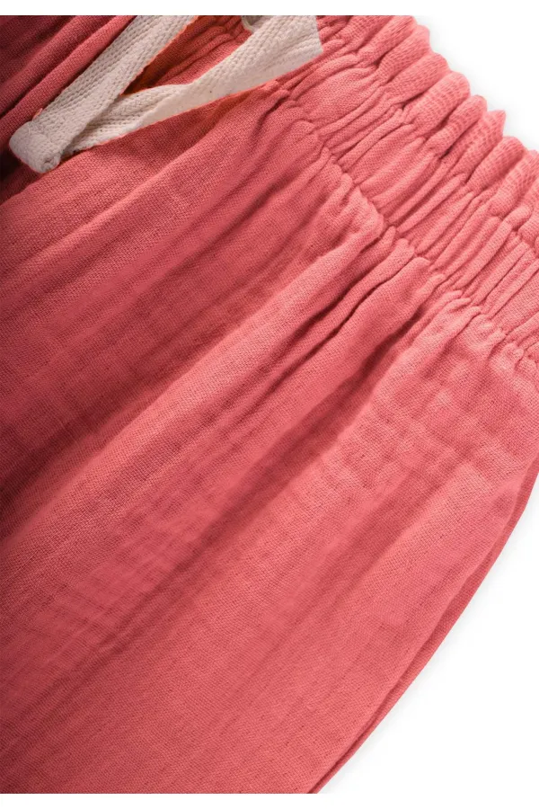 Organic Wide Cut Muslin Trousers with Ruffle Waistband, Coral, Ages 1-8
