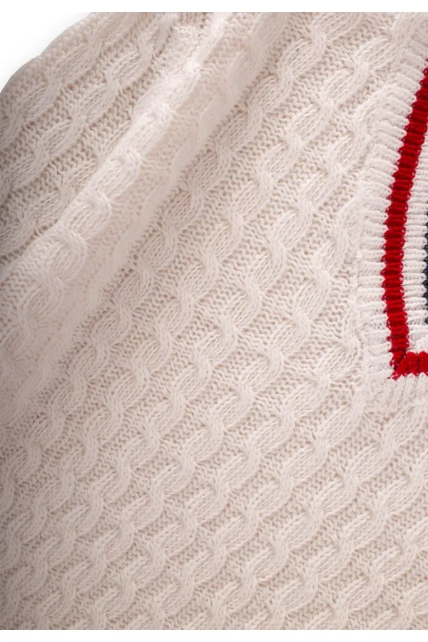 Saç Örgü V Yaka Kazak 2-9 Yaş Ekru