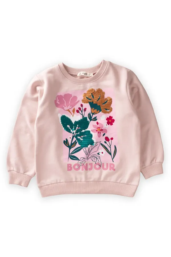 Sweat-shirt à sequins imprimé floral pour enfant de 1 à 6 ans, couleur poudre