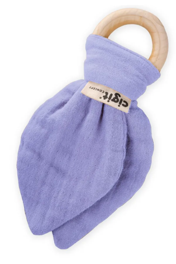 Anneau de dentition en bois et mousseline, bleu clair