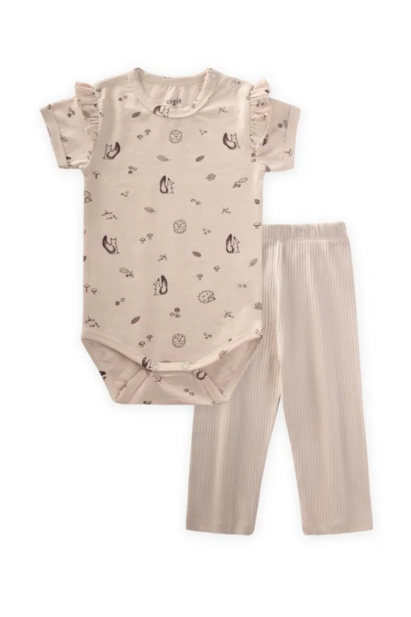 Patterned Ruffle Shoulder Bodysuit Set 0-3 Years Old Squirrel Pattern