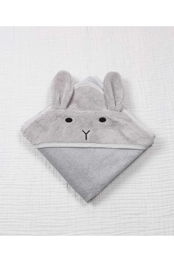 Kulaklı Tavşan Nakışlı Bebek Banyo Havlusu 75X75 cm Gri