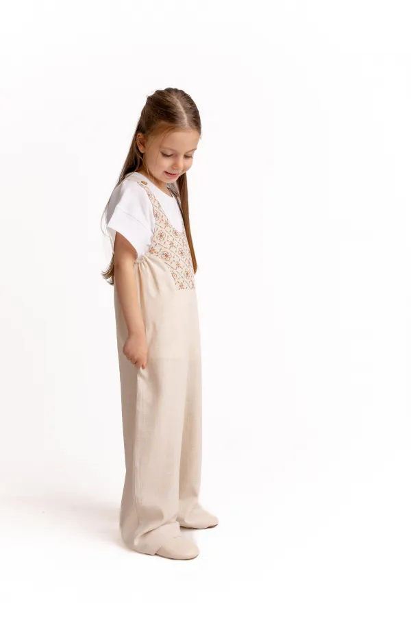 Robe Fully Embroidered Linen Overalls 2-7 Years Natural