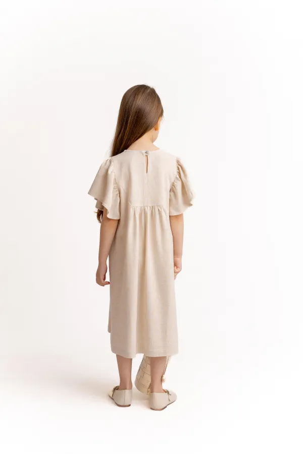 Robası Nakışlı Keten Elbise 2-7 Yaş Naturel