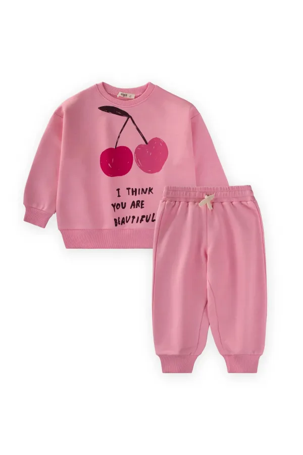 Cherry Printed Sweatshirt Set for 2-10 Years Old Pink