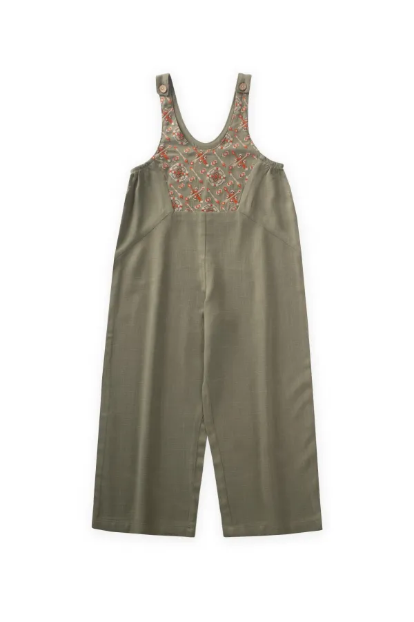 Roba Komple Nakışlı Keten Salopet 2-7 Yaş Haki Yeşil