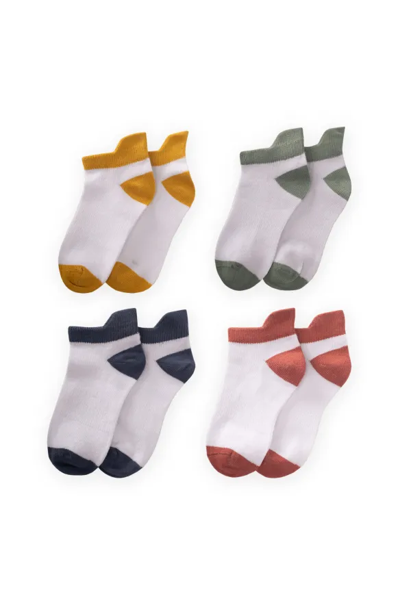 Four-Pack Colored Toe Ankle Socks for 5-12 Years: Light Green, Terracotta, Mustard, Indigo